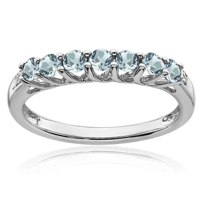 Anillo de 7 piedras de diamantes aguamarina de oro blanco macizo de 10K Foto 1 de 4