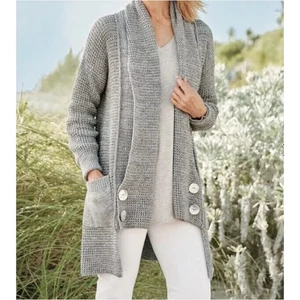 Soft Surroundings Townsend Cardigan Gray Sweater Chunky Knit Cotton Women's M - Picture 1 of 7