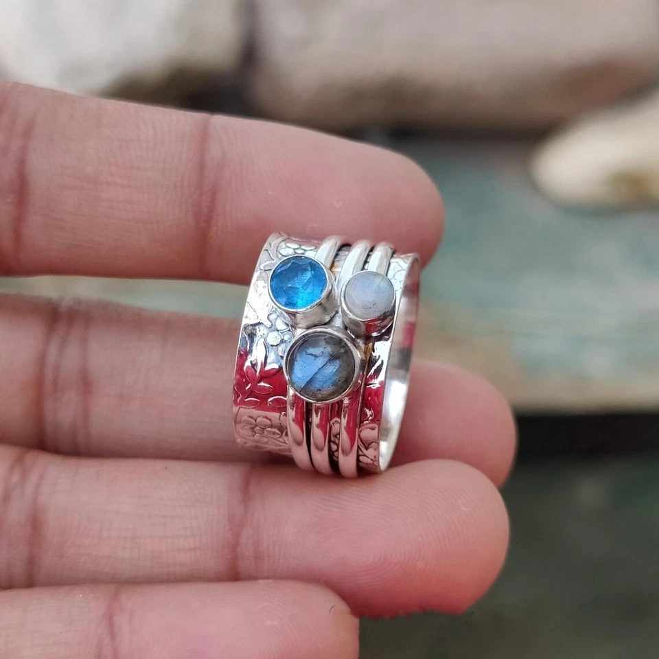 Anello rotante pietra di luna apatite labradorite argento sterling 925... - Immagine 1 di 4