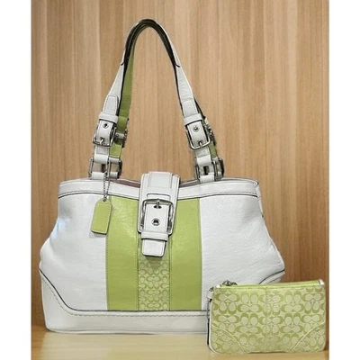 Y2K Coach F11345 Hamptons Leather Striped Satchel Bag & Mini Signature Wristlet - Image 1 of 4