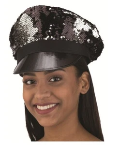Disco Police Hat - Black/Silver - Flip Sequins - Costume Accessory - Adult Teen - Picture 1 of 1