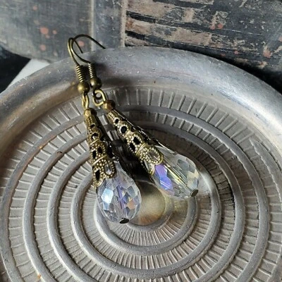 Pendientes lágrima filigrana bronce antiguo cristal brillo transparente facetado Foto 1 de 4