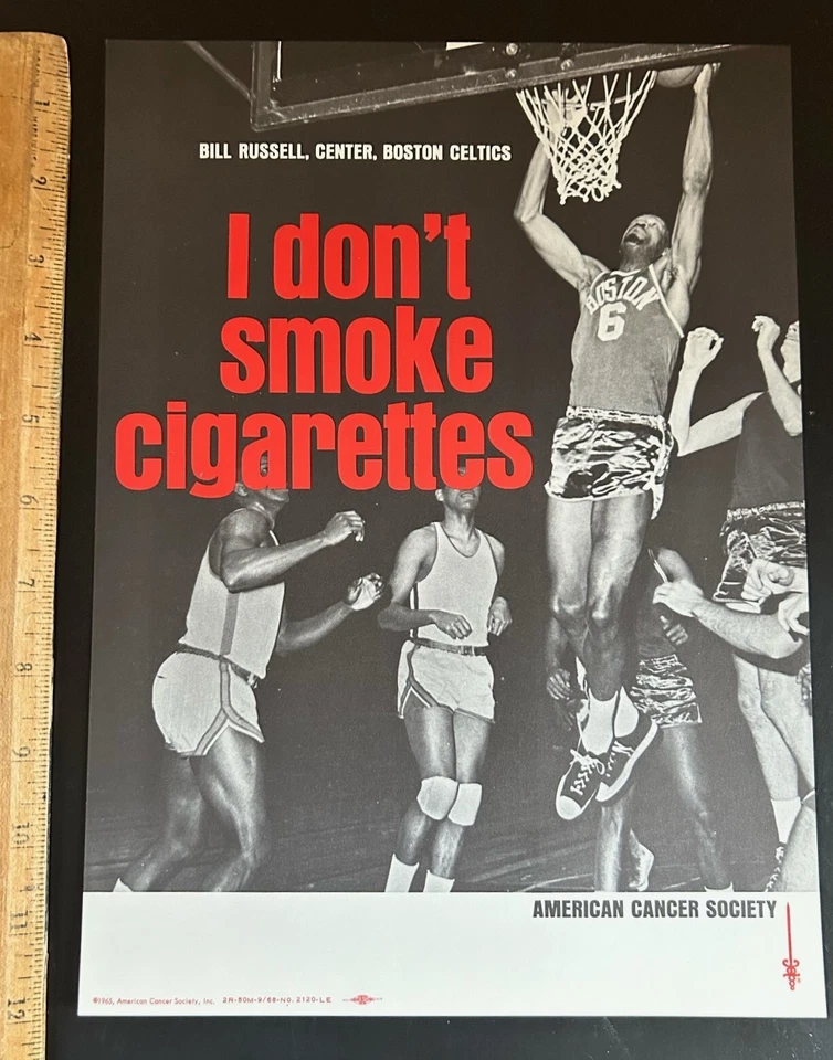 Póster promocional de la Sociedad Americana Contra El Cáncer de Bill Russell 1964 "No fumo" Foto 1 de 1