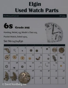 Piezas de reloj usado Elgin 6/6s grado 295, modelo 2, clase 115 ser no 14714630 - Imagen 1 de 1
