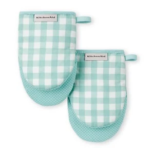 KITCHENAID Gingham Mini Oven Mitts 2-Pack Mineral Water - Picture 1 of 5