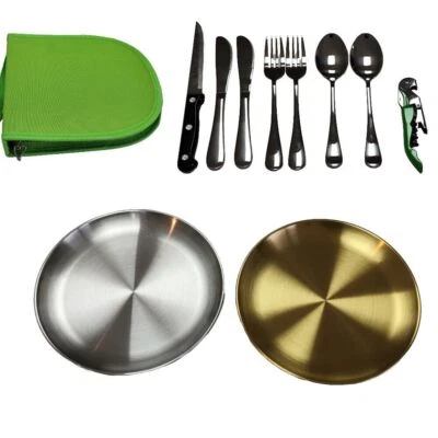 Camping Geschirr Set 2 Personen – Edelstahl, Neongrün mit Kellnermesser - Bild 1 von 3