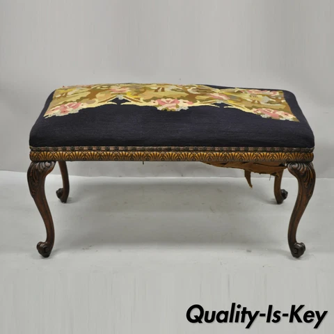 Antique French Victorian Needlepoint Carved Cabriole Leg Mahogany Bench Cover