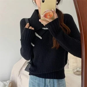 Maglione donna maglia slim top stile cinese pullover blusa perline maglieria top - Foto 1 di 16