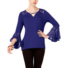 New NY Collection Womens Size L Blue Bell Sleeve Lace Pullover Top Shirt $50.00