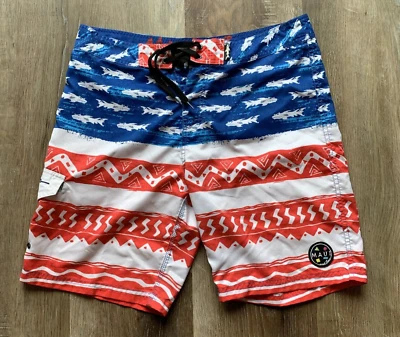 Maui And SONS White shark BLUE Water Red White Strip BOARD SHORTS 30 - Imagem 1 de 4