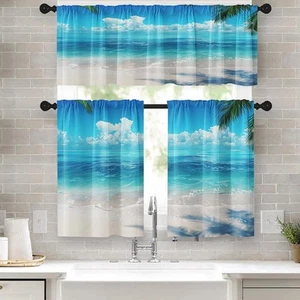 36 Inch Kitchen Curtains Beach Ocean Window Curtains and Valances Set of 3 Blue - Picture 1 of 8