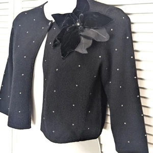 VTG 100% Cashmere Cropped Black Sweater Shrug Crystals Rosette Dana Buchman SML - Picture 1 of 20