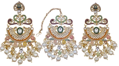 Elegant Bollywood Inspired Gold Kundan Earrings and Tika Set Indian Jewelry 247 - Image 1 of 4