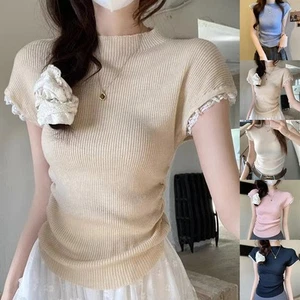 Women Summer Short Sleeve Knit TShirt with Lace Splice for Casual Wear - Picture 1 of 15