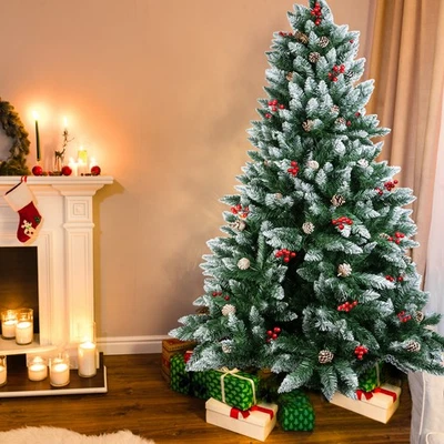 Árbol de Navidad de 5-7 pies de pino verde tupido artificial bayas copadas de nieve con soporte Foto 1 de 4