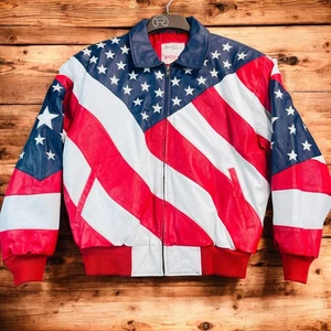 Vintage Michael Hoban WHEREMI Jacke Herren Medium Leder USA Flagge Bomber 90s - Bild 1 von 14