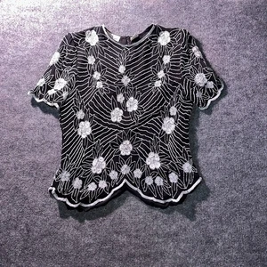 Vintage Y2k Top Gr. Large Seide Perlen Pailletten Party Glam Fee Grunge Whimsigoth - Bild 1 von 6