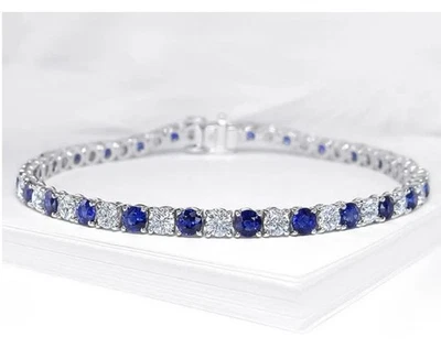 华丽蓝色蓝宝石和钻石圆形 925 纯银网球手链 — 第 1/4 张图片