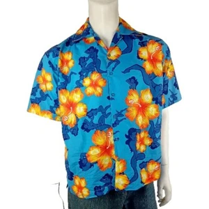 PHAT BASTARD mens size S shirt blue naked ladies yellow hibiscus Hawaiian party - Picture 1 of 9