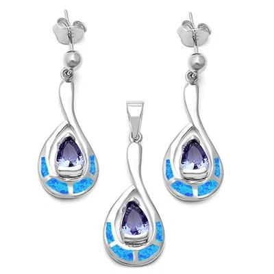Lab Created Blue Opal & Tanzanite .925 Sterling Silver Earrings & Pendant Set - Image 1 of 2
