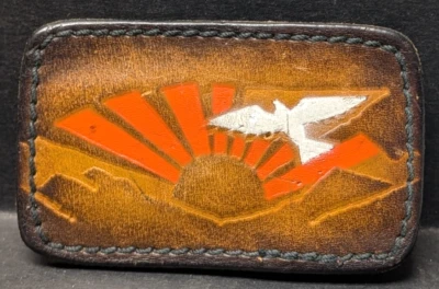 Vintage 70's Hand Tooled Leather Belt Buckle Mountain Sunrise with Dove 2"x3.25" - Image 1 of 2