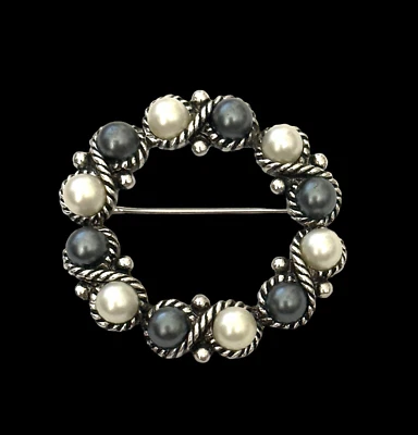 Pin/broche Avon - círculo - color plata - cuentas redondas blancas y grises perlas Foto 1 de 2