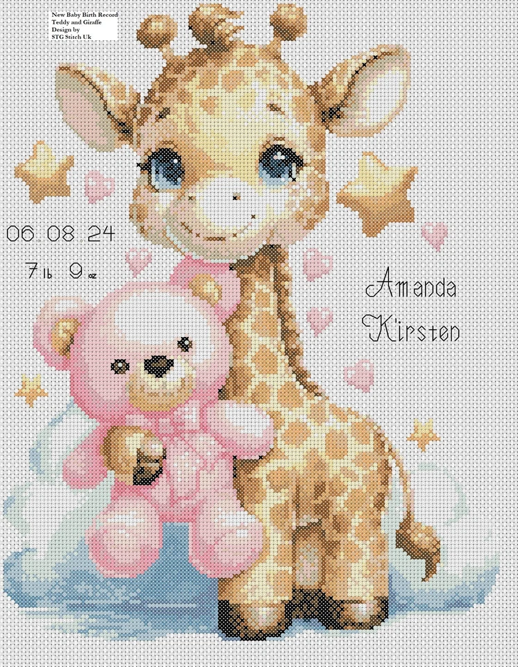 New Baby teddy & giraffe Birth Sampler pink Cross Stitch Chart flowerpower37-uk - Image 1 of 1