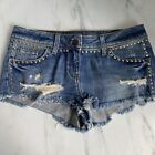 TOPSHOP MOTO UK8 W26 BLUE DISTRESSED STRETCH DENIM HOT PANTS SHORTS WITH STUDS