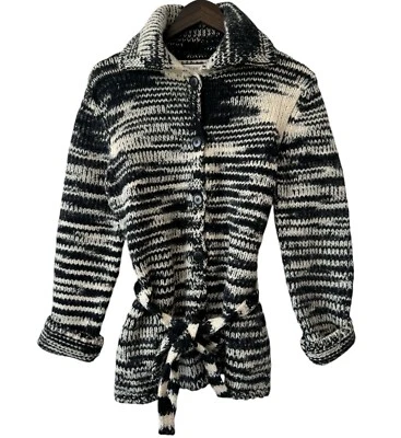 Jones New York Wool Button Front Black White Striped Belted Cardigan Cozy Sz M - Image 1 of 4