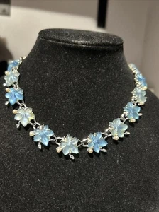 Vintage Unsigned CORO Blues Necklace Molded Leaves Pearls Choker Silver Tone - Picture 1 of 15