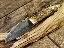 GMT USA 7" Custom Fixed Damascus Blade Stag Full Tang knife & Sheath MINT