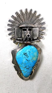 NAVAJO BENNIE RATION STERLING Stamped TURQUOISE HANDMADE KACHINA PIN PENDANT - Picture 1 of 4