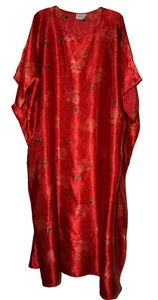 California Dynasty Red Lounge Dress Floral Satin Muu Muu Caftan Gown One Size - Picture 1 of 7