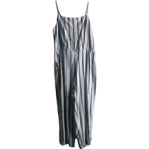 Linen Blend White-Blue Striped Wide Leg Jumpsuit Pants Romper Large Beach Boho - Imagen 1 de 6