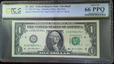 2021 $1 Star Note  Cleveland GEM UNC 66 PPQ D06790474* - Image 1 of 2