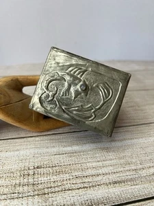 Antique Arts & Crafts Trinket Box, Beaten Pewter Fish Panel & Wood, Cabochon Eye - Picture 1 of 11