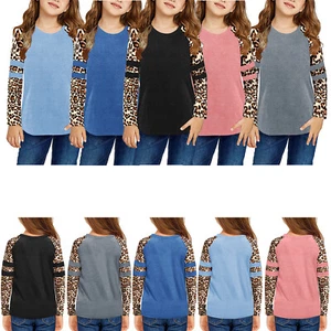 Kids Girls T-Shirt Cotton Tee Shirts Leopard Print Top Long Sleeve Tunic Sport - Picture 1 of 34