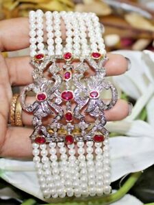 3.42cts ROSE CUT DIAMOND RUBY PEARL ANTIQUE VICTORIAN LOOK 925 SILVER BRACELET