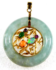 ARTISAN 14K GOLD Fire OPAL Coral Jade Rubies HANDMADE JADE RING PENDANT Estate - Picture 1 of 4