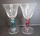 Pottery Barn 2 Wine Goblets Clear Bubble Effect Bowl Tops Colored Stems Red Gree