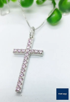 Collana donna  in Argento 925  ciondolo Croce classica con zirconi rosa - Immagine 1 di 4