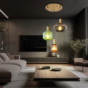 Lampadario Pendente Lampada Da Soggiorno 3 Fiamme Vetro H 130 Cm - Foto 1 di 9