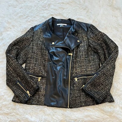 Peter Nygard Mujer Talla 14 Negro Moto Cuero Vegano Metálico Dorado Tweed 142215 Foto 1 de 4