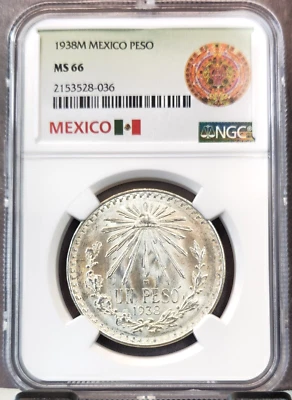 1938 MEXICO SILVER 1 PESO NGC MS 66 RARE HIGH GRADE GEM BU - Image 1 of 3