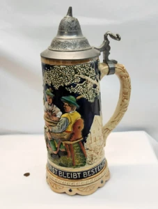 Vintage German Lidded Beer Stein w/ Thorens Swiss Music Box Base Pewter Lid - Picture 1 of 9