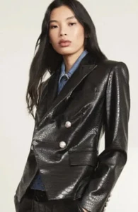 $890 Veronica Beard 6 Gail Dickey Miller Blazer Jacket Black Croc Faux Leather - Picture 1 of 11