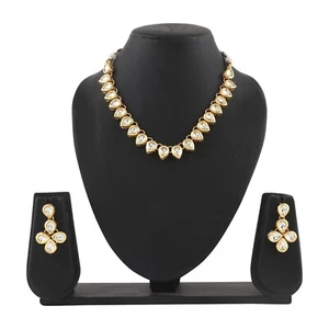 Indian Bollywood Gold Plated Simple Kundan Necklace Earrings Jewelry Set - Picture 1 of 6