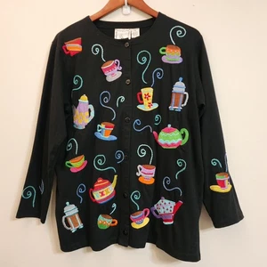 Michael Simon Coffee Tea Cup Embroidered Cardigan Button Down Women M Wimsy Fun - Bild 1 von 15