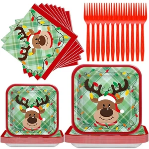 100 Pcs Christmas Reindeer Paper Plates and Napkins Disposable Tableware Set ... - Picture 1 of 7