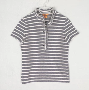 TORY BURCH Polo Top Womens MEDIUM Cream Navy Stripe Ruffle Trim Short Sleeve - Picture 1 of 7
